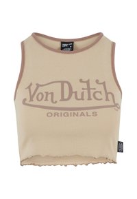 Šviesiai rudos juostos ribotas trumpas viršus su tamsiai rudos spalvos apvadu. Pavaizduota "Von Dutch" logotipas ir tekstas "ORIGINALS". Kirptas apatinis kraštas suteikia tekstūros detalę. Matomas dydžio etiketė.