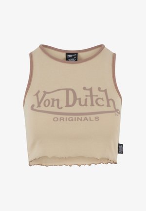 Beige csíkos crop top barna szegéllyel. "Von Dutch" logó és "ORIGINALS" felirat látható rajta. A kivágott szegély textúrát ad hozzá. Méretcímke látható.