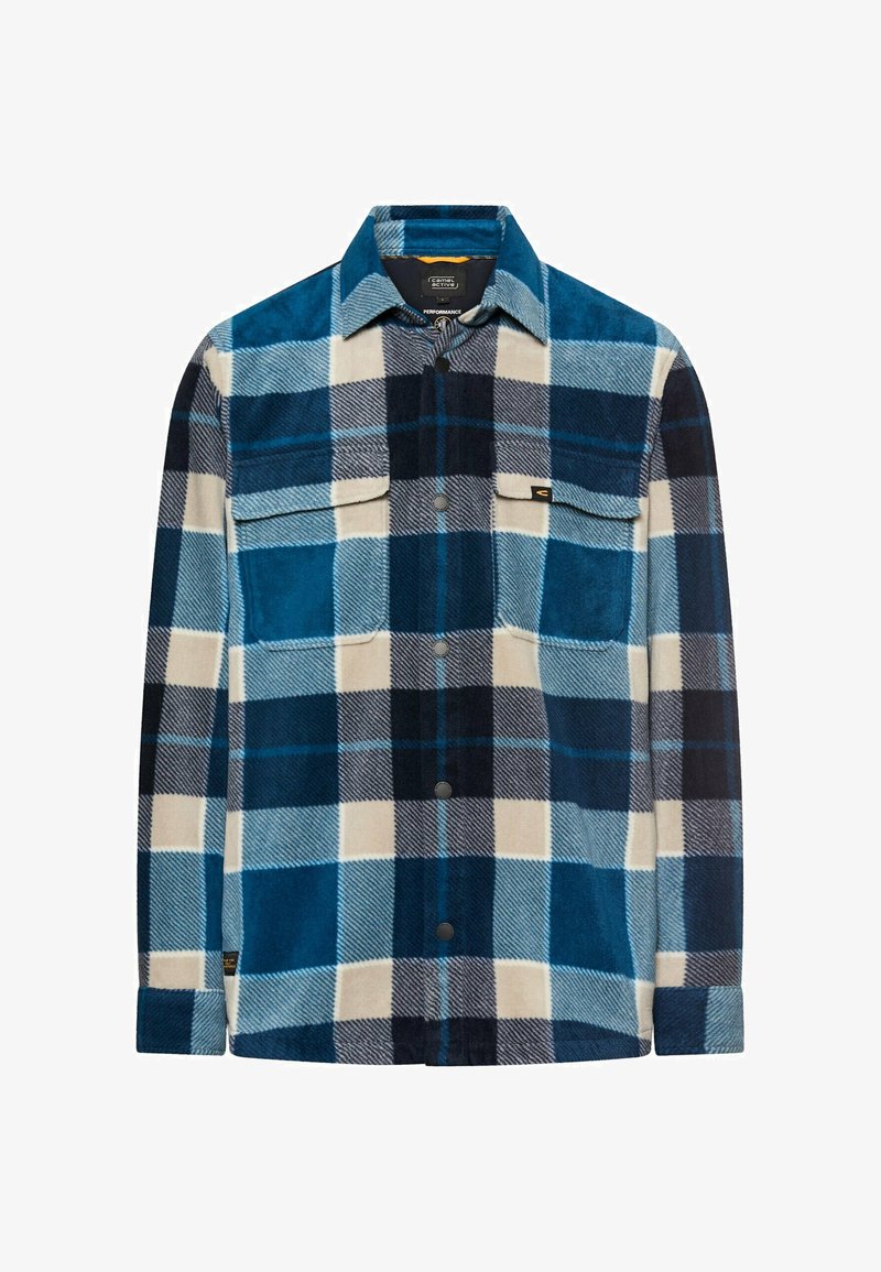 Katoenen flanellen overhemd in blauw, marineblauw en crème ruit. Voorzien van twee borstzakken, knoopsluiting aan de voorkant en een spreidkraag. Zachte textuur.