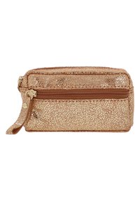 Clutch pailleté en rose gold avec surface texturée, fermeture éclair sur le dessus, bandoulière latérale et détails lisses. Forme rectangulaire compacte.
