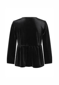 Schwarzes Samtoberteil mit langen Ärmeln, rundem Ausschnitt und gerafftem Taillenbereich für einen Peplum-Effekt. Weiche Textur mit glatter Oberfläche.