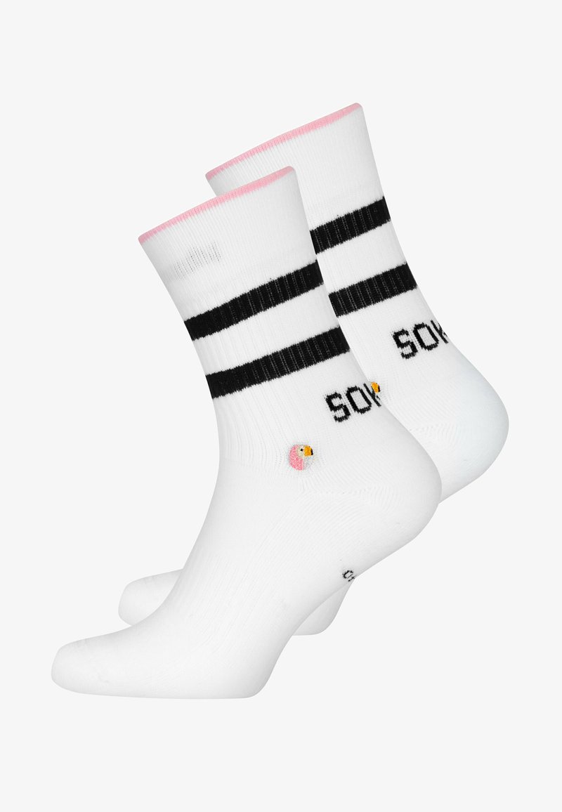 Hvide bomuldsstrømper med sorte striber og lyserøde spidser; inkluderer et lille broderet fugledesign på siden.