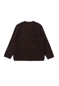 Pullover in felpa marrone con scollo rotondo, maniche lunghe e una consistenza morbida. Presenta un design semplice e minimalista, senza motivi o decorazioni.