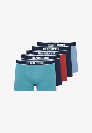 Herren Boxershorts-Set in Blau, Marineblau, Rot und Türkis. Baumwollmaterial mit einer enganliegenden Passform. Mit Henderson-Logo auf den elastischen Taillenbändern.