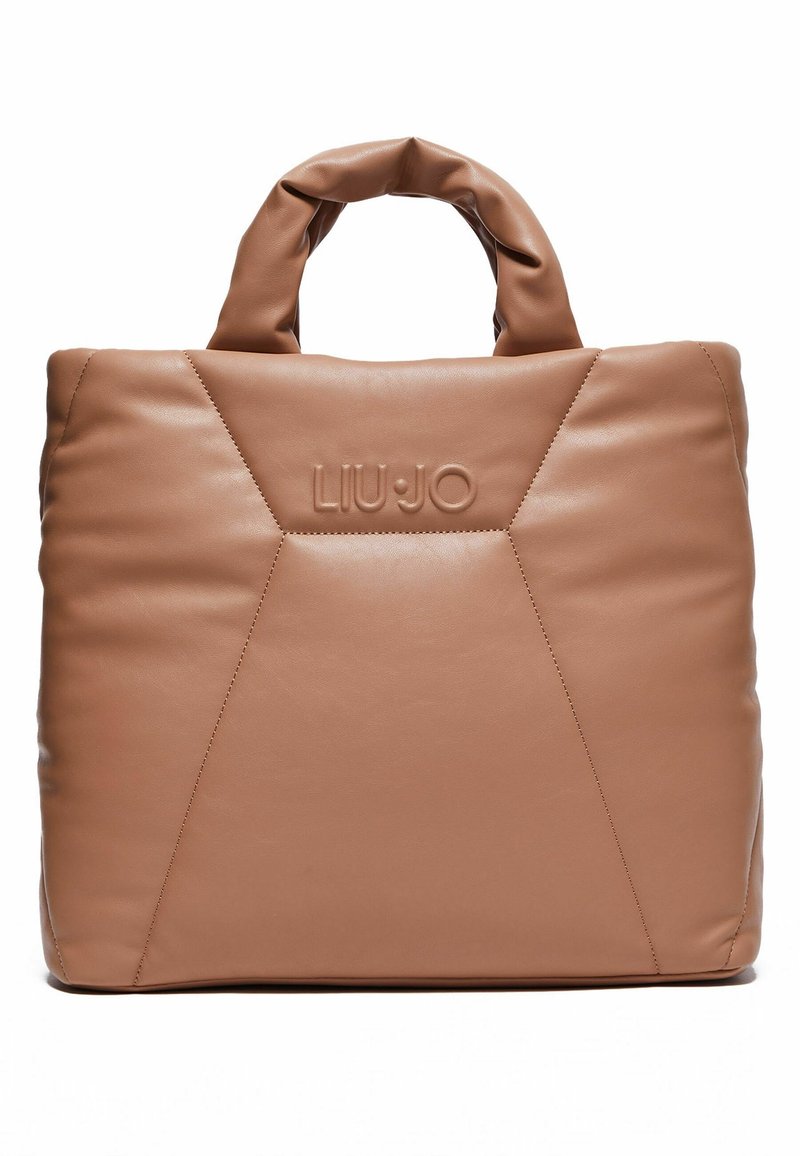 Sac à main en cuir matelassé marron avec anses courtes, surpiqûres géométriques et logo "LIU·JO" embossé au centre avant.