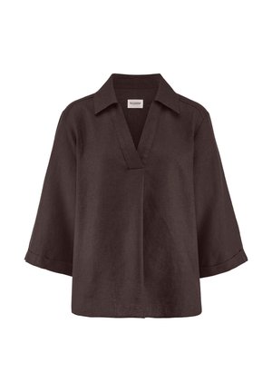 Dunkelbraune Bluse mit lockerem Schnitt, dreiviertellangen Ärmeln, offenem V-Ausschnitt und geradem Saum.