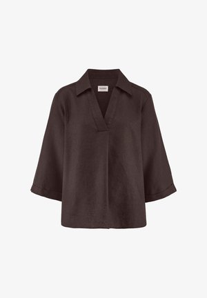 Dunkelbraune Bluse mit lockerem Schnitt, dreiviertellangen Ärmeln, offenem V-Ausschnitt und geradem Saum.