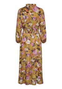 Gėlėtas maxi suknelė musitinės geltonos spalvos, su ilgomis rankovėmis, smulkinta juosmeniu, ir raštu su rožinėmis bei baltomis rožėmis ir žaliomis lapų.