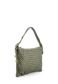 Woven leather crossbody bag in olive green. Features a short top handle and adjustable strap with brass hardware and zipper closure.