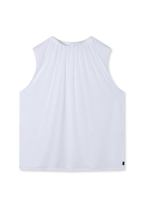 Weißes ärmelloses Oberteil mit gerafftem Halsausschnitt und lockerem Schnitt, flach auf weißem Hintergrund dargestellt.