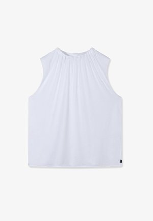 Weißes ärmelloses Oberteil mit gerafftem Halsausschnitt und lockerem Schnitt, flach auf weißem Hintergrund dargestellt.