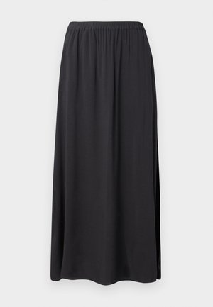 Saia maxi preta feita de um tecido suave e fluido. Apresenta uma cintura elástica e fendas laterais, proporcionando um ajuste e silhueta confortáveis.