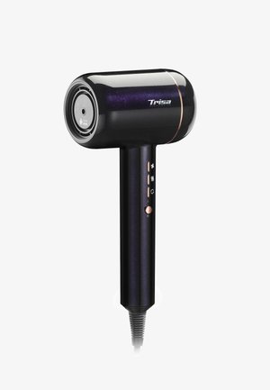 Der Trisa Haartrockner in Schwarz mit glänzendem Finish verfügt über eine kreisförmige Düse, Steuerknöpfe am Griff und einen strukturierten Griff.