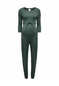 Salopette de maternité en tissu vert foncé, avec des manches trois-quarts, une taille ajustable par cordon, et des poignets à la cheville. Comprend un détail dos en trou de serrure.
