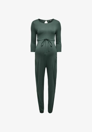 Salopette de maternité en tissu vert foncé, avec des manches trois-quarts, une taille ajustable par cordon, et des poignets à la cheville. Comprend un détail dos en trou de serrure.