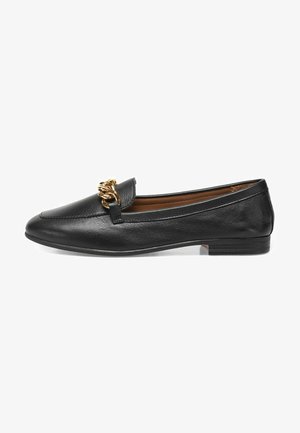 Black leather loafer with a flat sole, featuring a decorative gold chain accent on the upper. Smooth texture with a sleek, streamlined design.