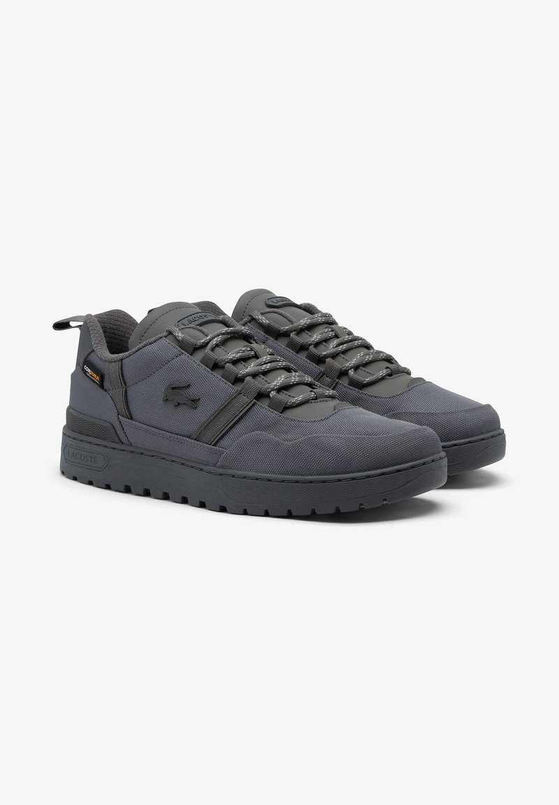 Paire de baskets basses grises à lacets avec semelles texturées, logo de marque sur le côté et col rembourré sur fond blanc.