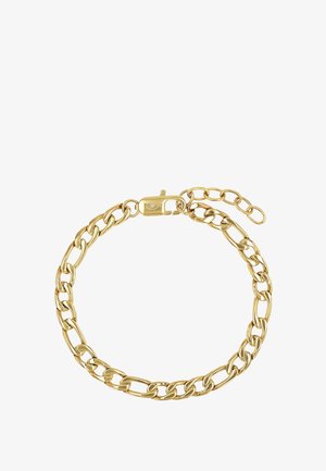 Armband in goudkleurige ketting met langwerpige ovale schakels en een karabijnsluiting met verstelbare verlengketting.
