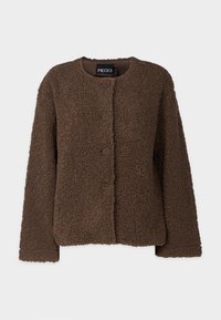 Brun, texturerad fleecejacka med långa ärmar, rund halsringning och fyra framknappar, märkt "PIECES" inuti kragen.