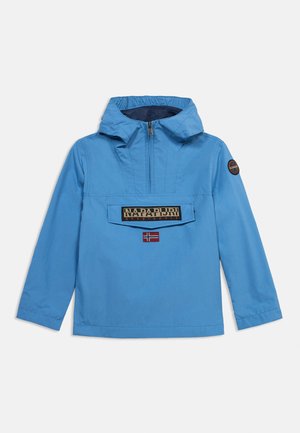 Blue hooded jacket with front zip, large chest pocket featuring Napapijri logo and Norwegian flag patch on chest and sleeve.