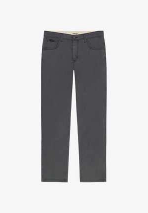 Chino in cotone grigio con design a gamba dritta, cinque tasche e chiusura con bottone. Caratterizzato da una texture sottile e cuciture in contrasto.