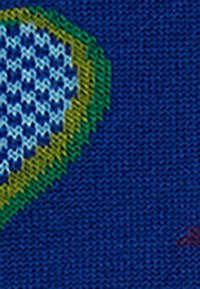 Knitted fabric featuring blue base with a geometric pattern in green and light blue shapes. Texture appears smooth with fine detailing.