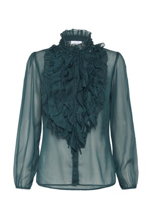Parelmoerblauwe, doorschijnende blouse met lange mouwen en een hoge hals. Bevat opvallende ruffels aan de voorkant en knoopsluitingen langs de placket.