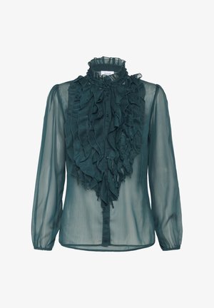 Parelmoerblauwe, doorschijnende blouse met lange mouwen en een hoge hals. Bevat opvallende ruffels aan de voorkant en knoopsluitingen langs de placket.