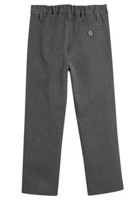 Pantalons en tissu tissé gris avec une taille élastique, jambes droites et une poche arrière avec un bouton décoratif.