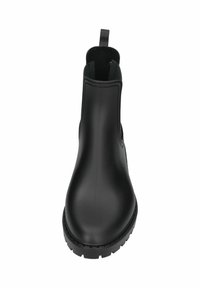 Bottines noires étanches à finition mate lisse, avec des panneaux latéraux élastiques et une semelle texturée et robuste pour une meilleure traction.