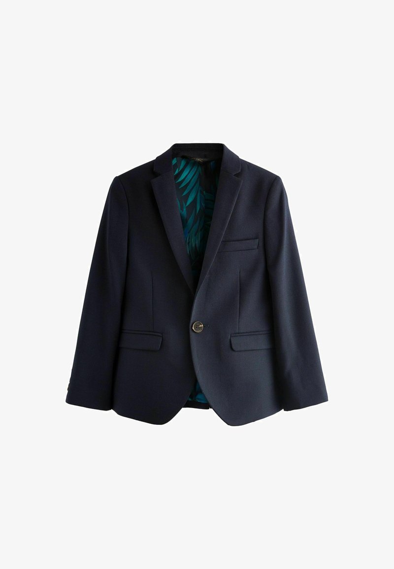 Tengerészblézer strukturált anyagból, két hajtókás zsebvel, egy gombos záródással és élénk levélmintás belső béléssel.