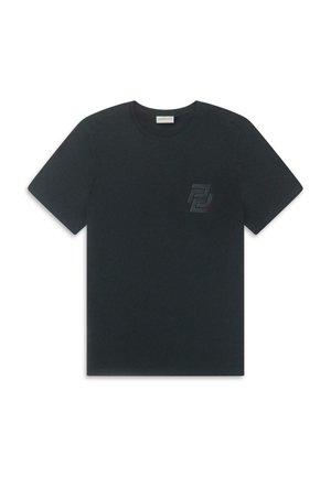 Sort bomulds T-shirt med rund hals, korte ærmer og fremtrædende grafisk logo på venstre bryst. Glat tekstur, minimalistisk design.