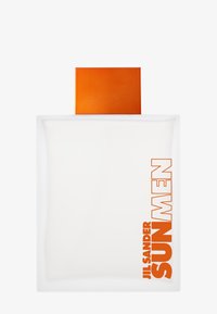 Fyrkantig frostad glasparfymflaska med ett orange rektangulärt lock och fet orange text "Jil Sander SUN MEN" på framsidan.