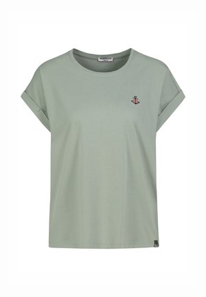 Light green short-sleeve t-shirt with rolled cuffs and small red and black anchor emblem on left chest.