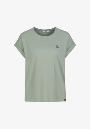 Light green short-sleeve t-shirt with rolled cuffs and small red and black anchor emblem on left chest.