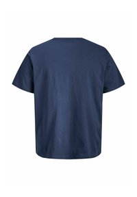 Schlichtes dunkelblaues T-Shirt mit kurzen Ärmeln, von hinten gezeigt, mit rundem Ausschnitt und lockerem Schnitt auf weißem Hintergrund.