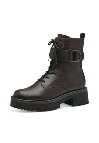Stivali ankle in pelle marrone con punta tonda, lacci frontali, cinturino decorativo con fibbia e suola in gomma spessa con battistrada testurizzato.