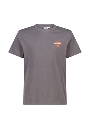 Grijs T-shirt met korte mouwen en kleine oranje tekst "Farmer's Market" en wortelafbeelding op de linkerborst.