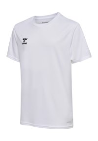 Witte sport t-shirt met korte mouwen van gladde stof, met een zwart logo op de linkerborst en een label met "BEECOOL" op de zoom.