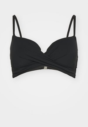 Fekete bikini felső formázott kosarakkal, keresztezett szövet kialakítással és vékony állítható pántokkal. Hátsó részén kapocs záródás található.