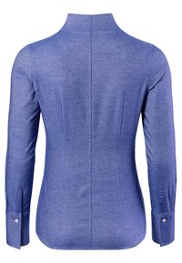 Blaues Langarmhemd mit hohem Kragen, strukturiertem Stoff, taillierter Form und Knopfmanschetten. Verfügt über vertikale Nähte auf dem Rücken.