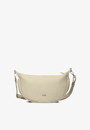Beige crescent-shaped leather shoulder bag with adjustable strap and small metal brand logo centered on front.