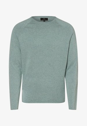 Pull à col rond à manches longues bleu-vert clair avec manches raglan et petite étiquette de marque noire au niveau de l'encolure.