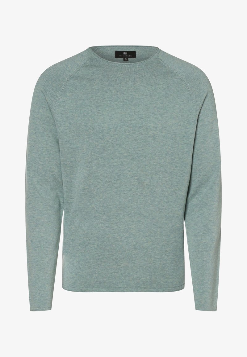 Pull à col rond à manches longues bleu-vert clair avec manches raglan et petite étiquette de marque noire au niveau de l'encolure.