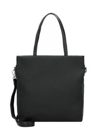 Sac en toile noir en matériau texturé, présentant deux poignées supérieures et une bandoulière ajustable. Logo "TOM TAILOR" gravé sur le côté.