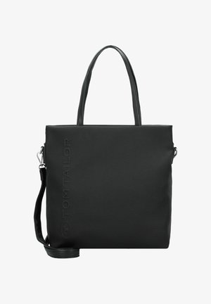 Sac en toile noir en matériau texturé, présentant deux poignées supérieures et une bandoulière ajustable. Logo "TOM TAILOR" gravé sur le côté.