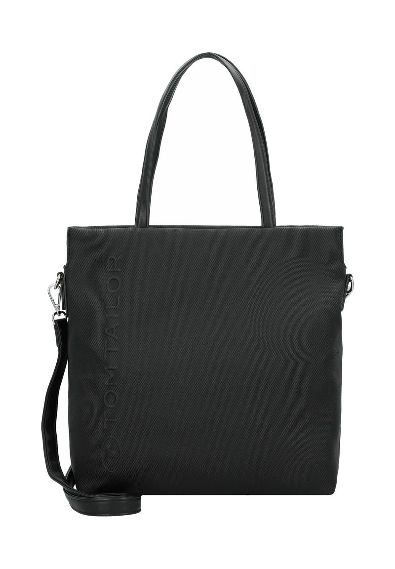 Sac en toile noir en matériau texturé, présentant deux poignées supérieures et une bandoulière ajustable. Logo "TOM TAILOR" gravé sur le côté.