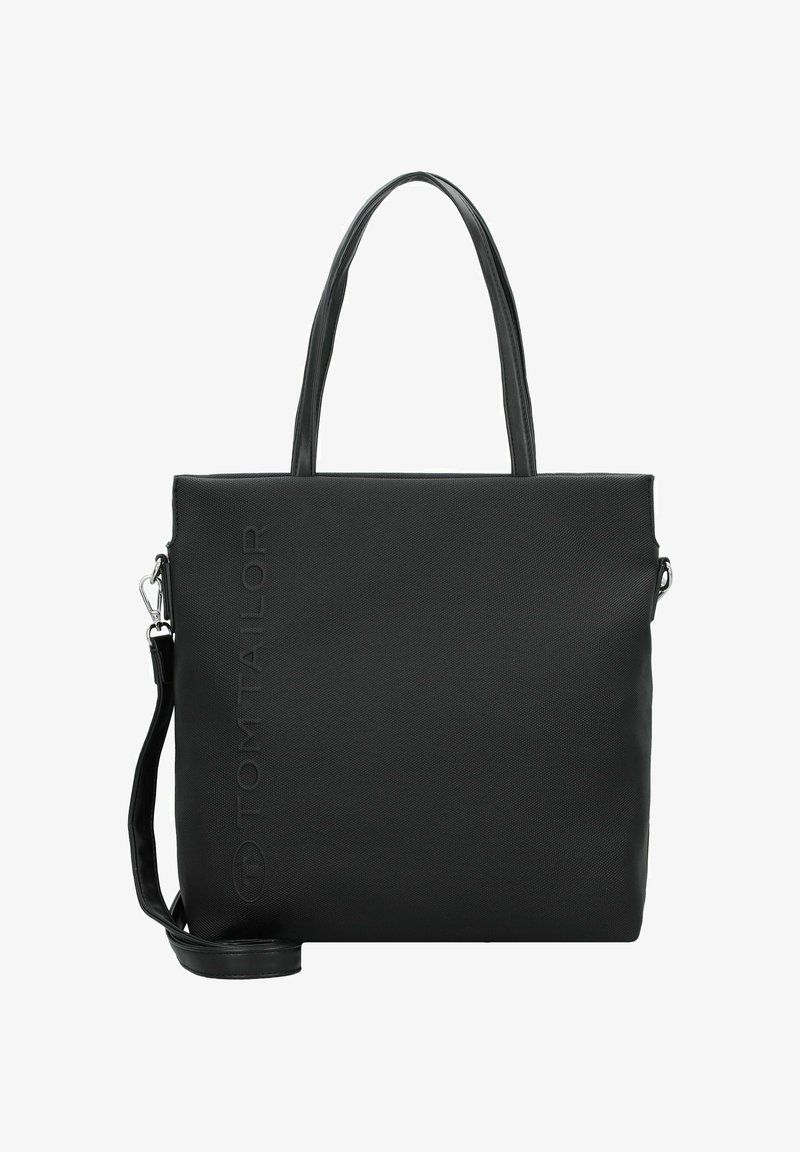 Zwarte tote bag van gestructureerd materiaal, met twee handvatten aan de bovenkant en een verstelbare schouderriem. Gegraveerd "TOM TAILOR" logo aan de zijkant.