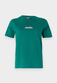 Žalias medvilninis marškinėlis su trumpomis rankovėmis, apvaliu iškirpimu ir rožiniu "ellesse" logotipu ant krūtinės. Minkšta tekstūra ir kasdieniškas dizainas.