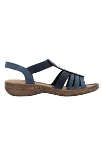 Marineblauwe sandalen met een combinatie van zachte stof en elastische banden, met een gestructureerde zool en decoratieve uitsparingen voor ademend vermogen.